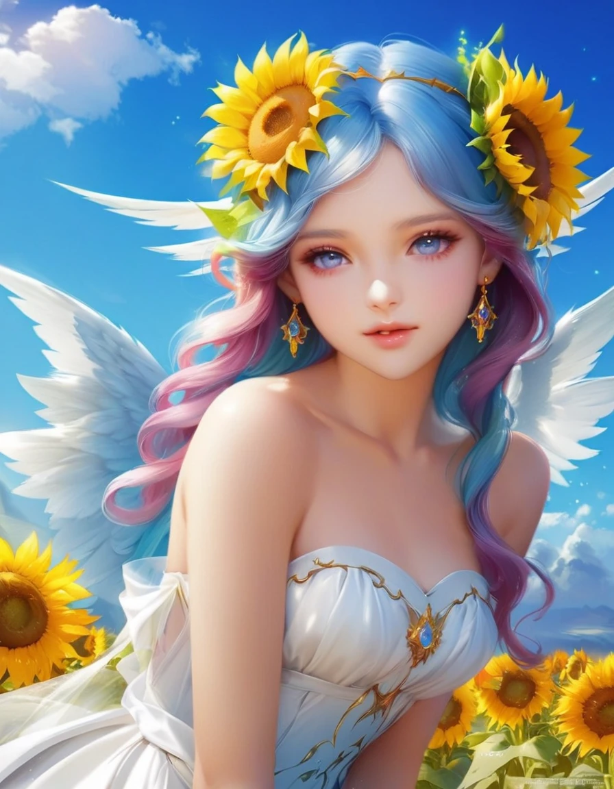 Close-up of a woman with blue hair and sunflowers, Beautiful angel, of an beautiful Angel Girl, Beautiful sunflower anime girl, Beautiful woman angel, of Beautiful angel, Beautiful fairy, beautiful Angel Girl portrait, portrait of a Beautiful angel, Angel Girl, Fantasy Beautiful, Beautiful fairyたち, Beautiful gorgeous digital art, Beautiful fantasy art portraits, Young One Angel, Beautiful digital art