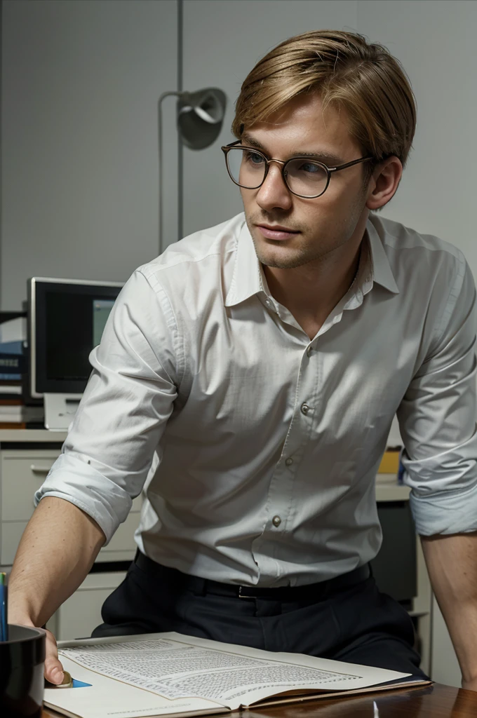 masterpiece, ultra-high quality computer graphics, Best quality, perfect image, one man, blond, spectacled, sitting at an office desk, he's tired