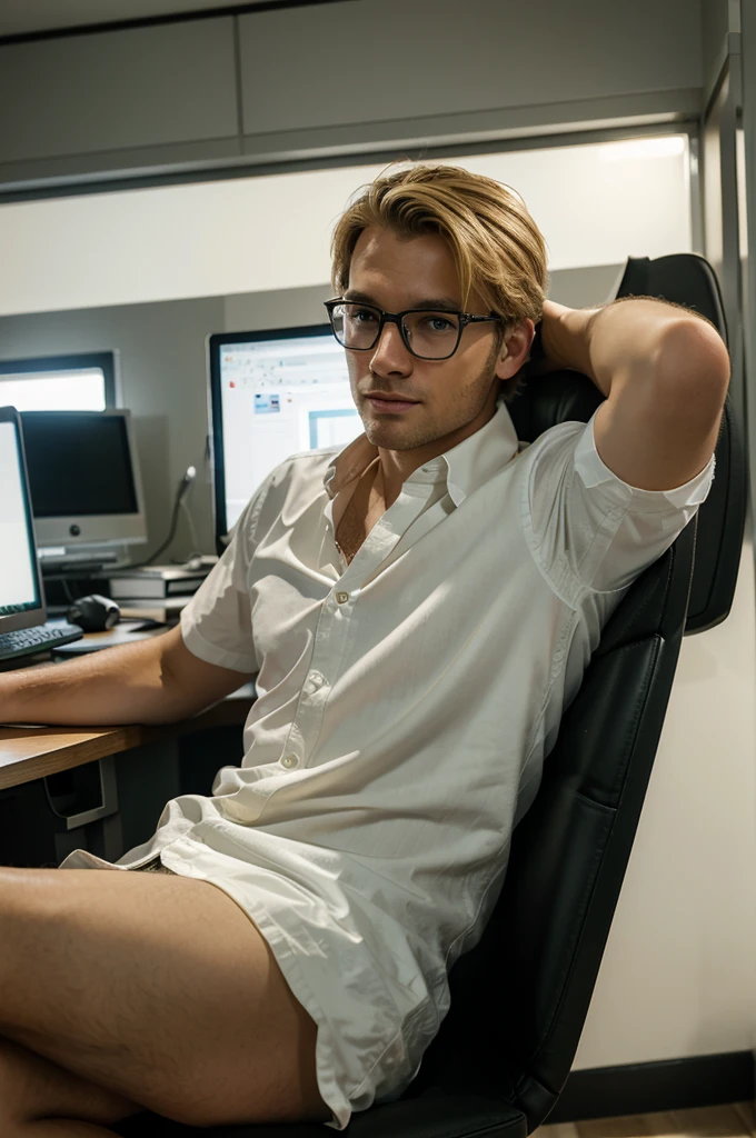 masterpiece, ultra-high quality computer graphics, Best quality, perfect image, one man, blond, spectacled, sitting at an office desk, he's tired