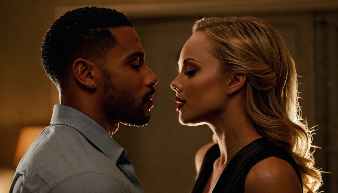 Laura Vandervoort and a handsome African American male whose facial features are a combo of Christian Keyes + Michael B. Jordan + Nathan Mitchell share a steamy kiss inside a bedroom lit only by candlelight. Laura has lovely makeup on her face. Laura wears red lipstick. Nighttime. Romantic ambiance. Symmetrical eyes. Symmetrical faces. Lovely details. Photorealistic. Full-colored photo. Professional photo. Highly detailed 8K.