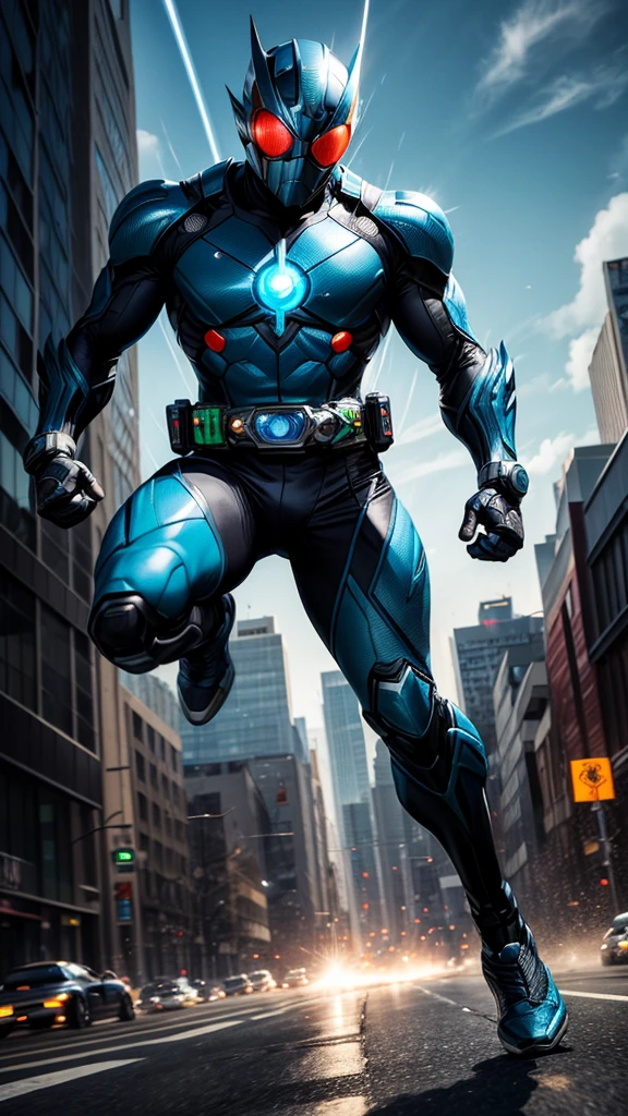 (masterpiece, Best image quality),One boy, Kamen Rider, A hero based on white and blue, (Dynamic pose | Element Surround:1.2), Super detailed, Big city background, intense, shock wave, Outdoor, Speedster, Running at high speed