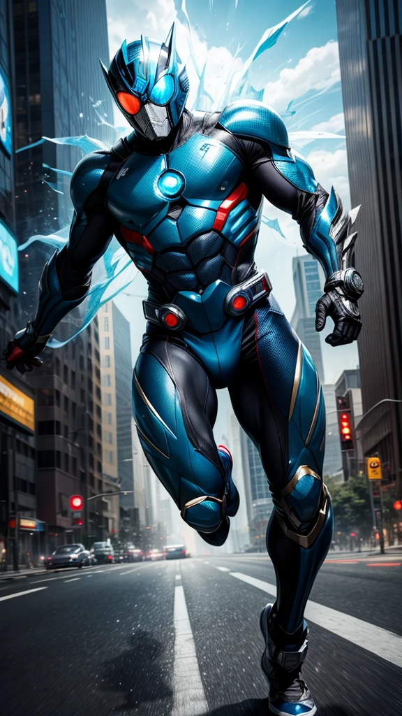 (masterpiece, Best image quality),One boy, Kamen Rider, A hero based on white and blue, (Dynamic pose | Element Surround:1.2), Super detailed, Big city background, intense, shock wave, Outdoor, Speedster, Running at high speed, Running