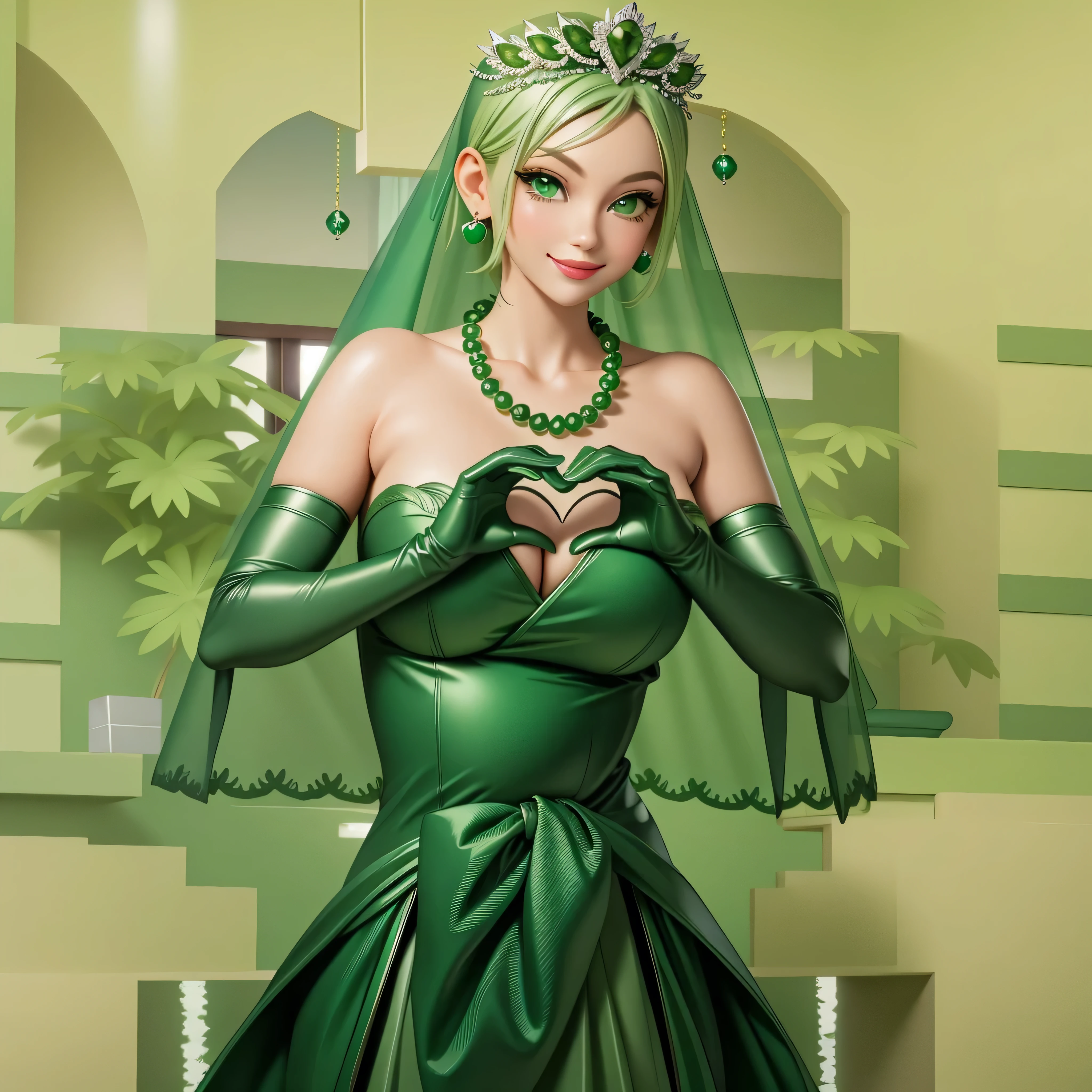 Emerald tiara, Green Pearl Necklace, Boyish very short green hair, Green Lips, Smiling Japanese woman, Very short hair, Busty beautiful lady, Green Eyes, Green satin long gloves, Green Eyes, Emerald Earrings, Green veil, Heart with both hands, Green Hair, Beautiful Japanese Women, Heart shaped hands:1.3, green lip gloss, pregnant