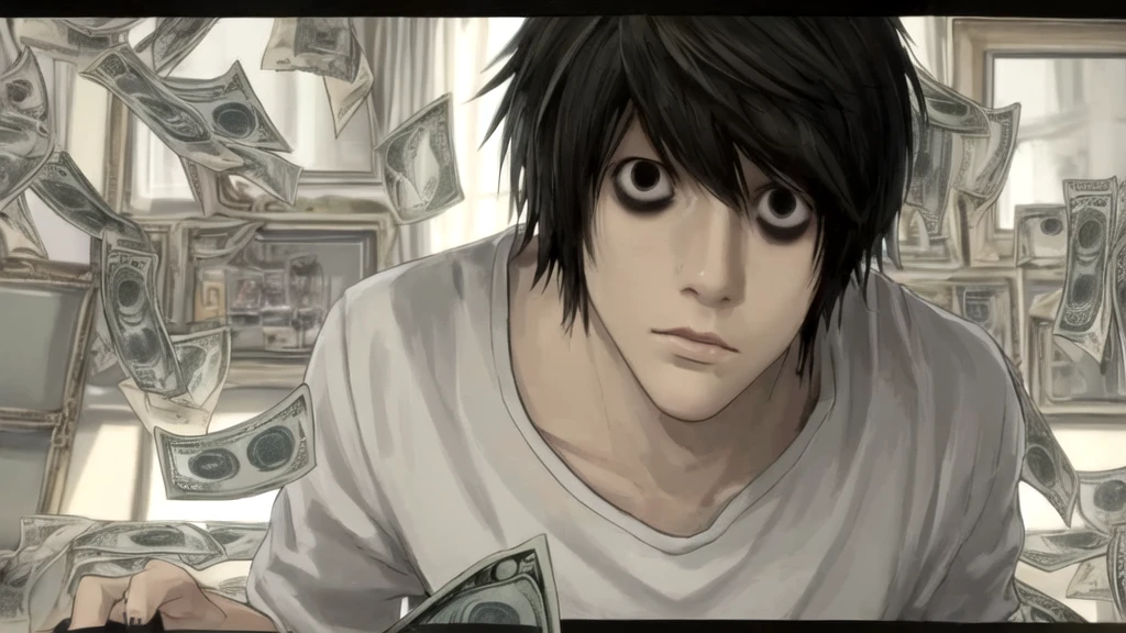 1 boy, man, perfect anatomy, mesmerizing black eyes, 8k resolution, (one person), (realism: 1.2), (masterpiece: 1.2), (cowboy frame: 1.2), dark romantic lighting, (high detail: 1.2), (detailed face: 1.2), (gradients), bright detailed eyes, (natural light: 1.2), solo, indoors, perfect lighting, perfect facial features, perfect angle, perfectly drawn eyes, man, skinny, serious expression, money, dollars, gold around, dollars