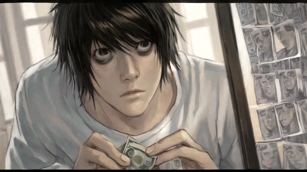 1 boy, man, perfect anatomy, mesmerizing black eyes, 8k resolution, (one person), (realism: 1.2), (masterpiece: 1.2), (cowboy frame: 1.2), dark romantic lighting, (high detail: 1.2), (detailed face: 1.2), (gradients), bright detailed eyes, (natural light: 1.2), solo, indoors, perfect lighting, perfect facial features, perfect angle, perfectly drawn eyes, man, skinny, serious expression, money, dollars, gold around, dollars