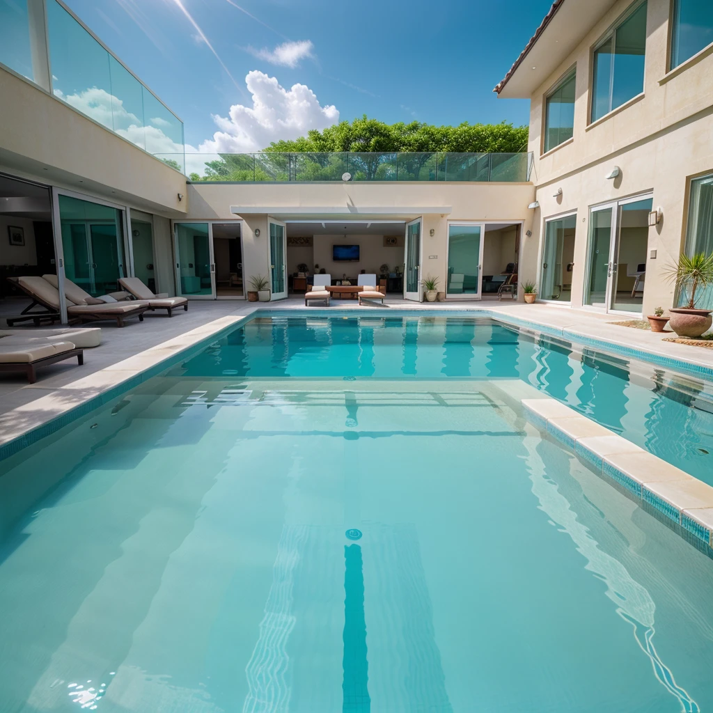 ((high quality))Perfect wallpaper,Beautiful pool,clear cyan water,very clear blue and cyan water,very clear water,big swimming pool,glass pool floor,sky high pool,transparent water,Glass floor,out door