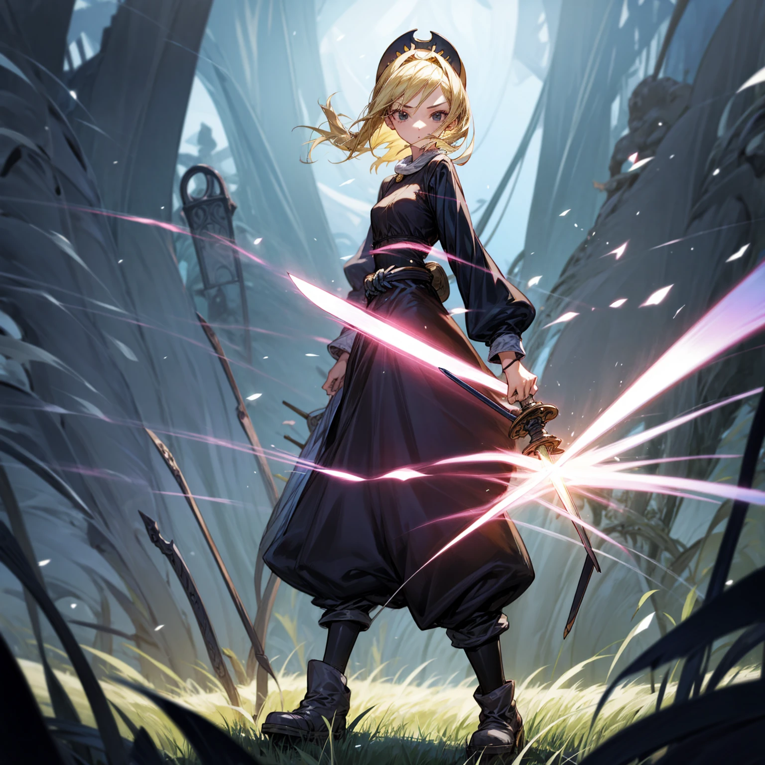 1girl, Full body version, 1character, black eyes, long Frizzy haircut, blonde colour hair, medieval clothing, long pants, headband, boots, Grassroots, full background in field town, motion blur, lighting, (one piece art), standing poses, sword in hand