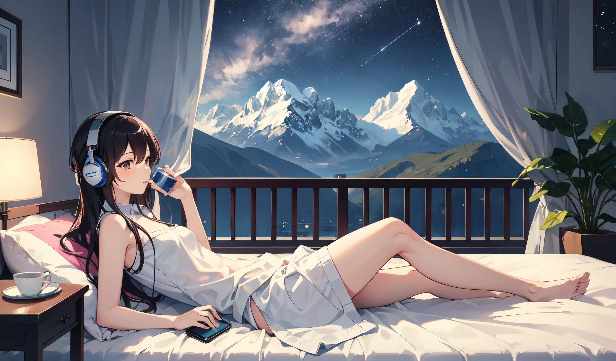 ((Highest quality)), ((masterpiece)), (detailed), One girl, a girl enjoying beautiful scenery from window  setting on bed, Drink coffee、  Put on headphones, Enjoy music , bed, Night Sky, Twinkle Star, Mountain々, comfortable, Surreal, Super Imagination View