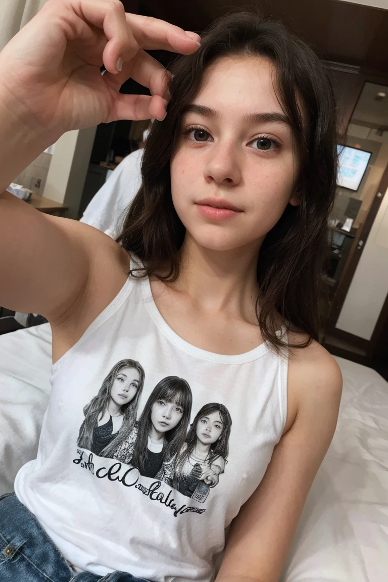 create ultrarealistic, hyperdetailed, anatomically correct 13 year old girl (by the cafe, Beautiful, innocent, Medium Chest, small) upper body selfie from hand (Frontal camera) in bed, wearing a Ghost band shirt