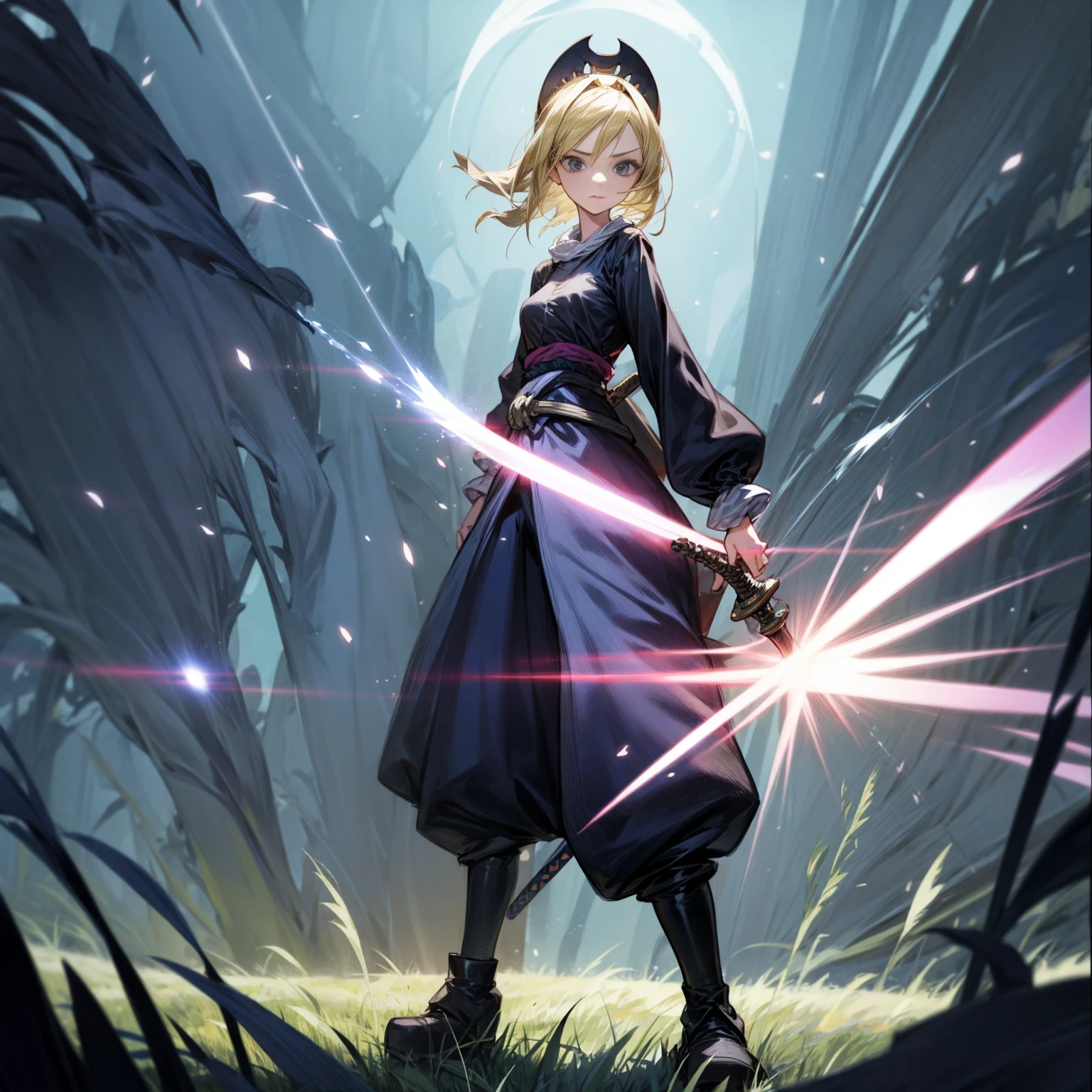 1girl, Full body version, 1character, black eyes, long Frizzy haircut, blonde colour hair, medieval clothing, long pants, headband, boots, Grassroots, full background in field town, motion blur, lighting, (one piece art), standing poses, sword in hand