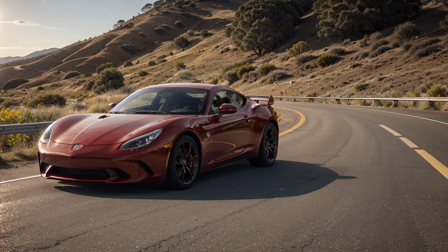 A shiny red sports car parked on a smooth, open road, with sleek curves and a powerful stance. The car's headlights gleam under the sunlight. The background transitions from a clear blue sky to a golden horizon, highlighting the car's dynamic and exciting presence.