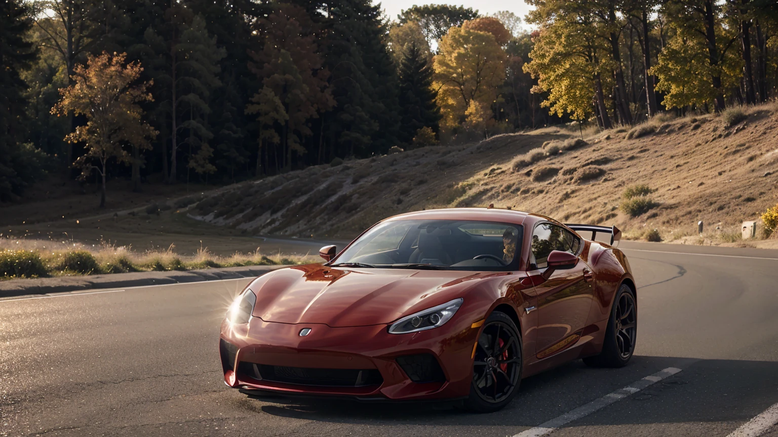 A shiny red sports car parked on a smooth, open road, with sleek curves and a powerful stance. The car's headlights gleam under the sunlight. The background transitions from a clear blue sky to a golden horizon, highlighting the car's dynamic and exciting presence.