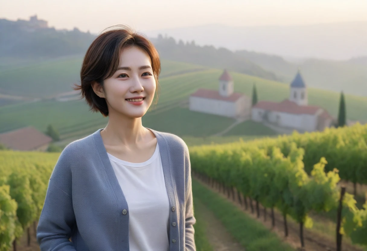 8k best picture quality, Beautiful 36-year-old Korean woman, Chest size 34 inches, Dawn in the French countryside, View of the cathedral next to the vineyards, The back background is realistic and vivid image quality, short medium hair, Wear a shirt and cardigan and casual pants, Smile slightly. the background is clear, looking up the side., Looking at vineyards covered in thick fog from a hill.