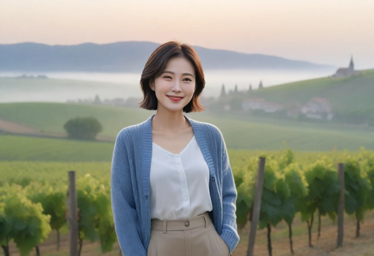 8k best picture quality, Beautiful 36-year-old Korean woman, Chest size 34 inches, Dawn in the French countryside, View of the cathedral next to the vineyards, The back background is realistic and vivid image quality, short medium hair, Wear a shirt and cardigan and casual pants, Smile slightly. the background is clear, looking up the side., Looking at vineyards covered in thick fog from a hill.