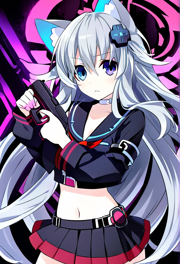 ((1girl)), ((grey hair)), cute, a female anime character holding two guns,【 sciart 💙💜 mson, coilgun, wavy long hair, cat-eared headset with neon light purple color, heterochromia eyes (blue eyes, red eyes), ((black and dark blue outfit)), white ornaments, red skirt, grey wavy hair, hair ornaments, dark blue opened cyberpunk jacket with red lines, navel showing black sailor uniform, grey sailor collar, black shirt, short sleeves)), midriff, black miniskirt