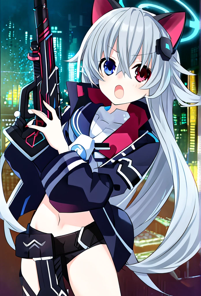 ((1girl)), ((grey hair)), cute, a female anime character holding two guns,【 sciart 💙💜 mson, coilgun, wavy long hair, cat-eared headset with neon light purple color, heterochromia eyes (blue eyes, red eyes), ((black and dark blue outfit)), white ornaments, red skirt, grey wavy hair, hair ornaments, dark blue opened cyberpunk jacket with red lines, navel showing black sailor uniform, grey sailor collar, black shirt, short sleeves)), midriff, black miniskirt