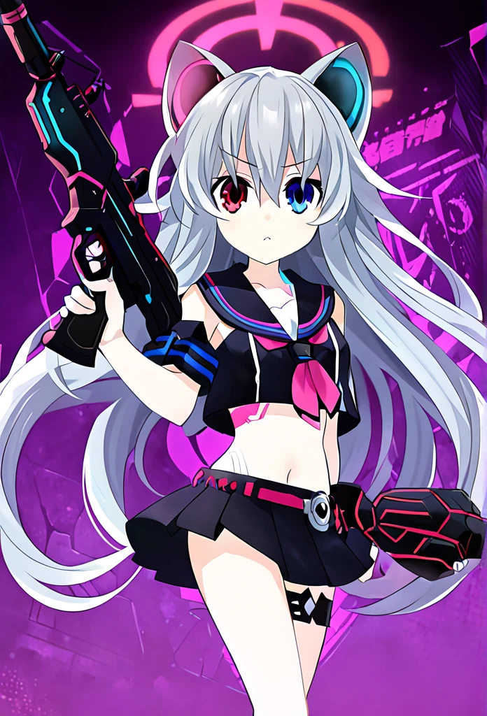 ((1girl)), ((grey hair)), cute, a female anime character holding two guns,【 sciart 💙💜 mson, coilgun, wavy long hair, cat-eared headset with neon light purple color, heterochromia eyes (blue eyes, red eyes), ((black and dark blue outfit)), white ornaments, red skirt, grey wavy hair, hair ornaments, dark blue opened cyberpunk jacket with red lines, navel showing black sailor uniform, grey sailor collar, black shirt, short sleeves)), midriff, black miniskirt