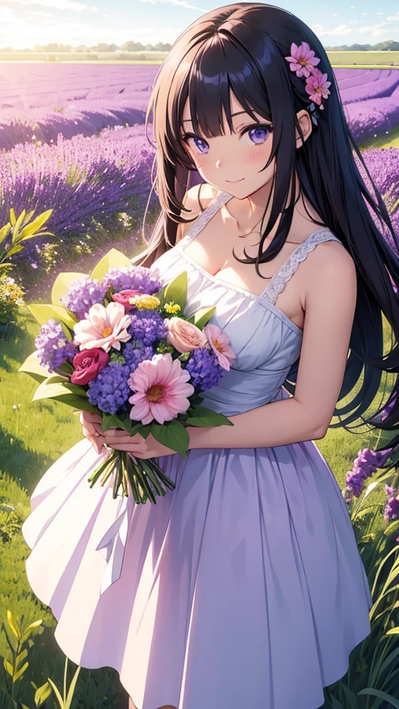 Anime girl holding a beautiful flower bouquet while standing in the lavender field