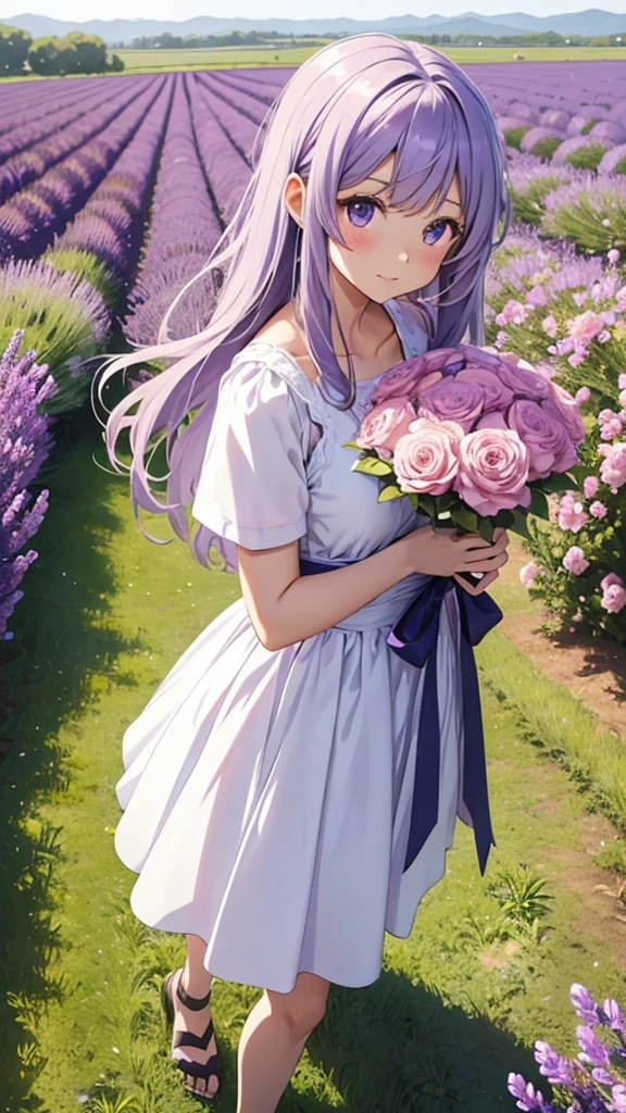 Anime girl holding a beautiful flower bouquet while standing in the lavender field