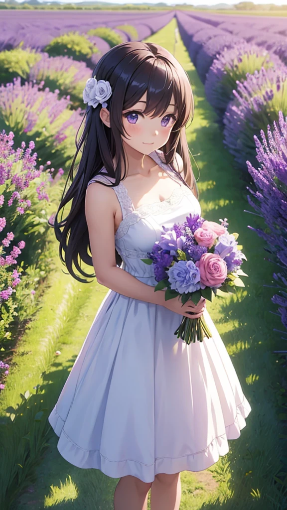 Anime girl holding a beautiful flower bouquet while standing in the lavender field