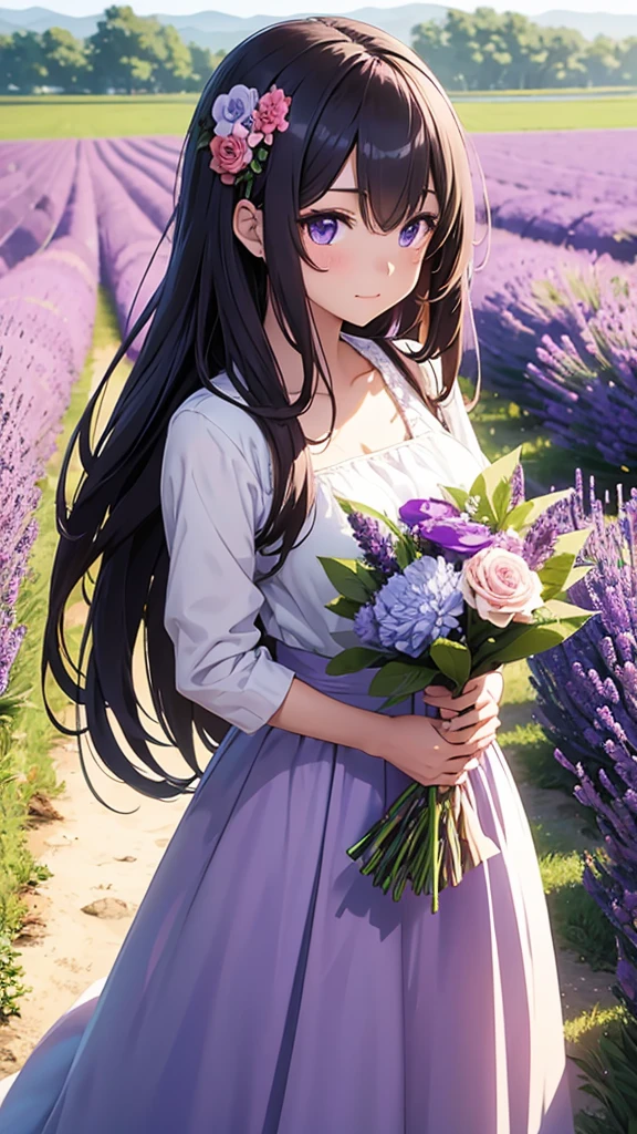 Anime girl holding a beautiful flower bouquet while standing in the lavender field