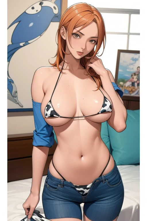 (masterpiece, Highest quality), Cartoon photo of a woman wearing cow print micro bikini top and micro bikini shorts, Pointed nipples:1.9, Anime drawings inspired by Masamune Shirow, Pixiv, Self-sastructing art, Enchanting anime girl, Nami One Piece, Biomechanical , Nami from One Piece, Pixiv 3dcg, , I also make fan art, top rated on Pixiv