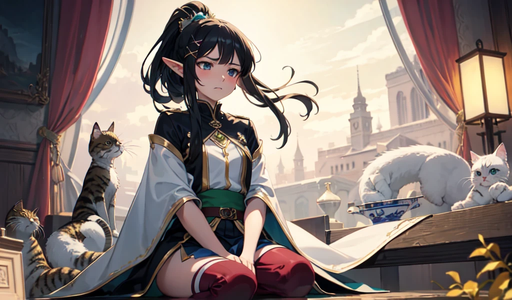 ((Highest quality)), ((masterpiece)), (detailed), A beautiful elf girl,Look to the side, Looking into the distance, Sit on your knees, Black Hair, ponytail, Floating Hair, Expressive hair, Hair Clip, x Hair accessories, Cat hair accessories, Hollow Eyes, Frowning, sad,, anime, anime style, anime style, 4K