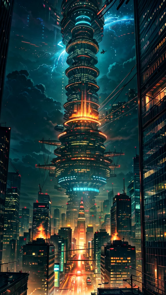 A miniature, towering giant sci-fi cityscape in intricately detailed digital art, sprawling with twinkling neon skyscrapers and levitating transportation vessels, witnessed from the intimate, low-angled vantage point of a tiny insect, though the bug itself remains obscured from view, surrounded by a whirlwind of vibrant, electric blues and greens, warm, fiery oranges and yellows, with delicate, glowing luminescent threads weaving through the city's infrastructure, amidst a mesmerizing, dreamlike atmosphere of perpetual twilight, exuding a cinematic sense of awe and mystery.