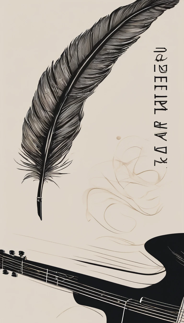A minimal, modern, simple, cinematic logotype for the brand “Penamemoria". The logotype must be a simple, magical feather and a boy playing acoustic guitar. The logo must convey a sense of music, stories and dreams. Logo design impressed on a book cover. Minimalistic logo