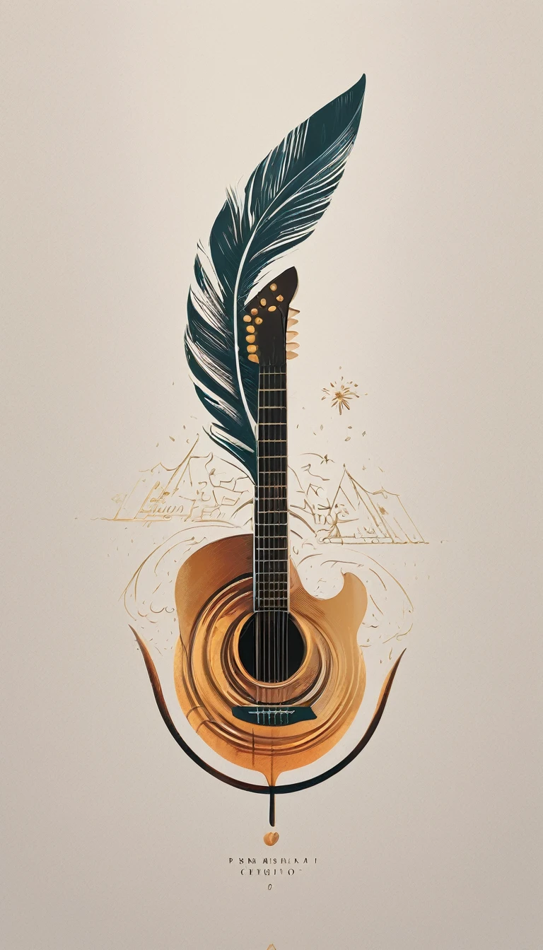 A minimal, modern, simple, cinematic logotype for the brand “Penamemoria". The logotype must be a simple, magical feather and a boy playing acoustic guitar. The logo must convey a sense of music, stories and dreams. Logo design impressed on a book cover. Minimalistic logo
