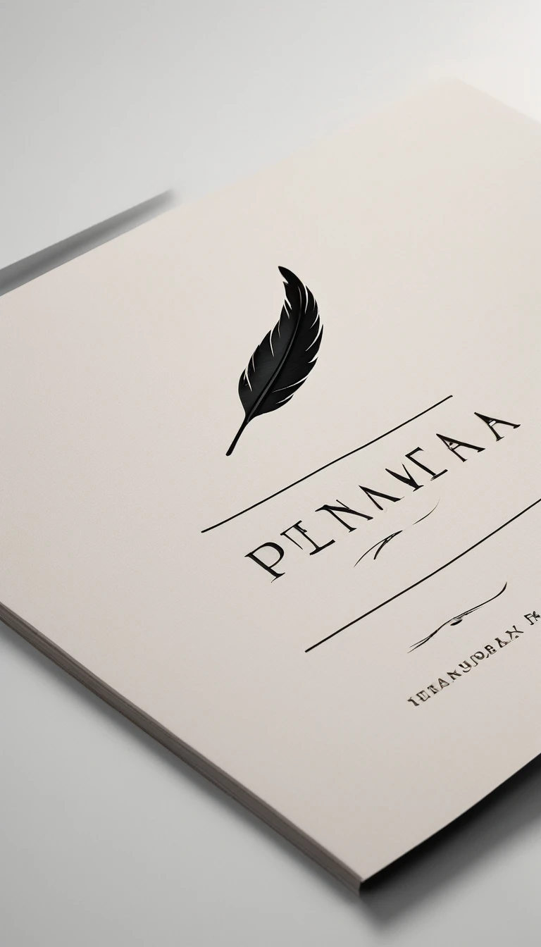 A minimal, modern, simple, cinematic logotype for the brand “Penamemoria". The logotype must be a simple, magical feather and a boy playing acoustic guitar. The logo must convey a sense of music, stories and dreams. Logo design impressed on a book cover. Minimalistic logo