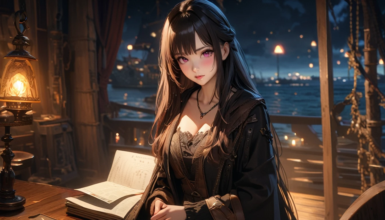 masterpiece, Best quality, 1 girl,photo, Studio photography, realistic:1.2, Littlemasterpiece, Best quality, very detailed, a high resolution, a high resolution, a high resolution, 4K, 8 K, unity 8k wallpaper, very detailed CG, masterpiece, realistic, beautiful details, depth, fine texture, Best quality: 1.3, aboutбщая концентрация, perfect skin, Him, aboutчень милое аниме, female pirate, Pirate Costume, Pirate Ship, whole body, Mole under the eye, look, high, blush, lips parted, his art, Pink eyes, necklace、Wide buttocks、Эффект Тиндаллаmasuter piece、top quality、Highest standards、Highest image quality、Table、complex parts、a high resolution、depth of field、natural soft light、professional lighting、about, standing, very long hair, cowboy shot, brilliant, brilliant hair, (night:1.2),Dreamy, [[gentle fingers and hands:0.55]::0.85],(detailed fingers),),(emotional),(breathtaking),(main part:1.2) whole body.), (Anime Style), (Super Detailed), (brutal), (uhd, HDR), (8k), (High Resolution: 1.2), (Complex and Beautiful: 1.2)