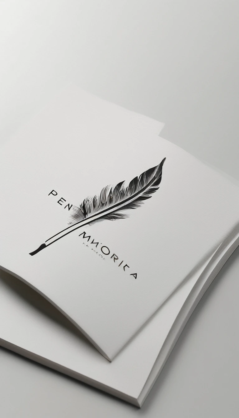 A minimal, modern, simple, cinematic logotype for the brand “Penamemoria". The logotype must be a simple, magical feather. The logo must convey a sense of music, stories and dreams. Logo design impressed on a book cover. Minimalistic logo