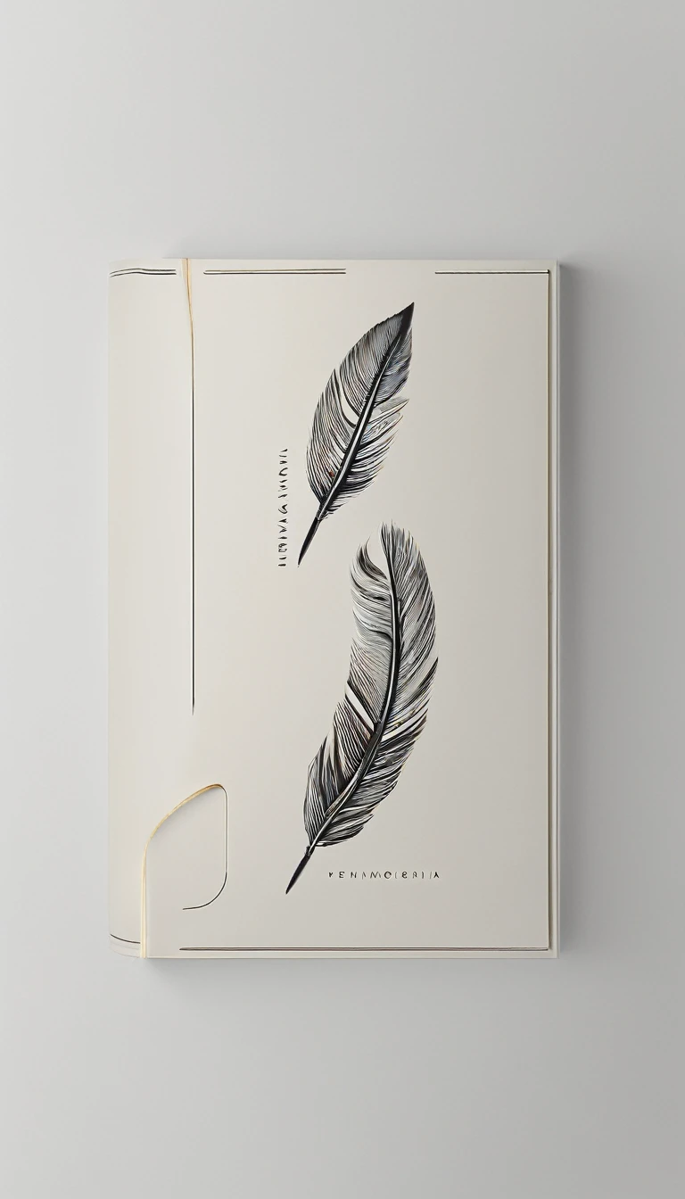 A minimal, modern, simple, cinematic logotype for the brand “Penamemoria". The logotype must be a simple, magical feather. The logo must convey a sense of music, stories and dreams. Logo design impressed on a book cover. Minimalistic logo