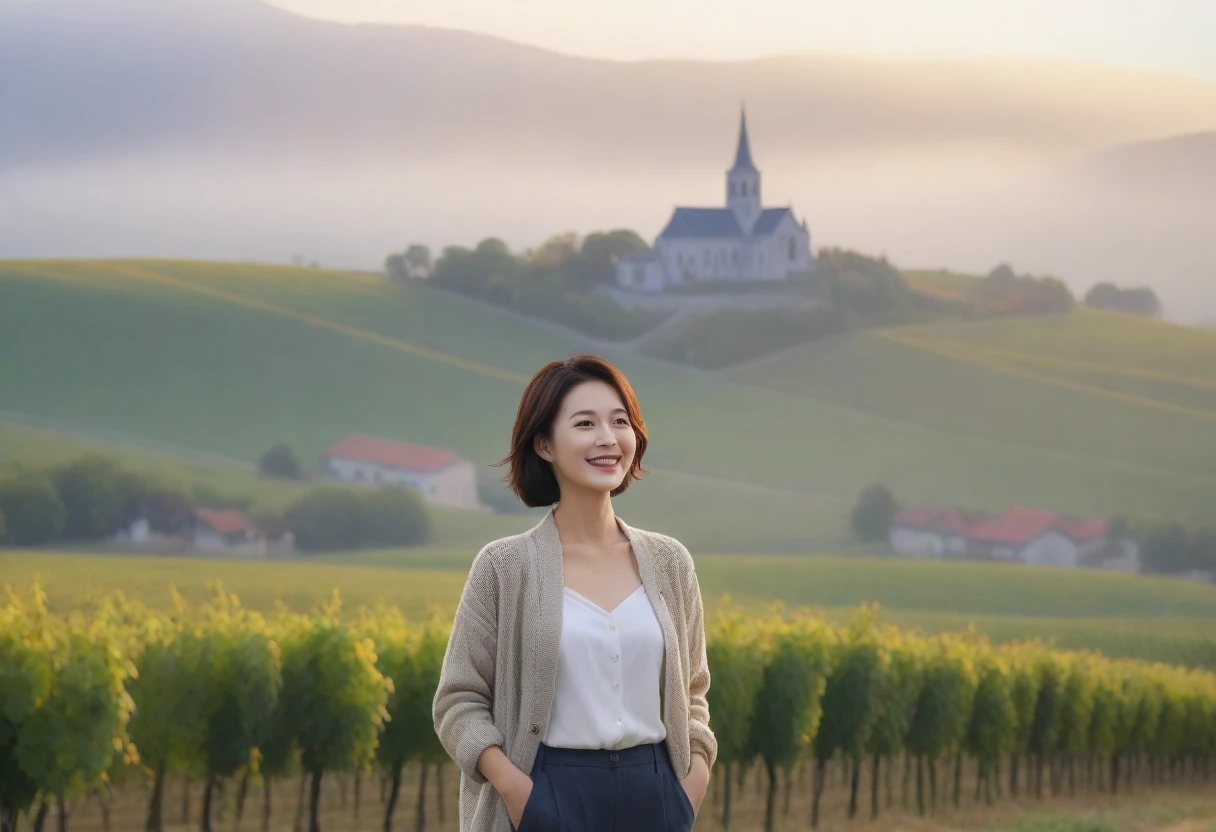 8k best picture quality, Beautiful 36-year-old Korean woman, Chest size 34 inches, Dawn in the French countryside in early autumn, View of the cathedral next to the vineyards, The back background is realistic and vivid image quality, short medium hair, Wear a shirt and cardigan and casual pants, Smile slightly. the background is clear, looking up the side., Looking at vineyards covered in thick fog from a hill