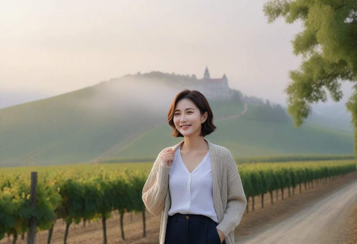 8k best picture quality, Beautiful 36-year-old Korean woman, Chest size 34 inches, Dawn in the French countryside in early autumn, View of the cathedral next to the vineyards, The back background is realistic and vivid image quality, short medium hair, Wear a shirt and cardigan and casual pants, Smile slightly. the background is clear, looking up the side., Looking at vineyards covered in thick fog from a hill