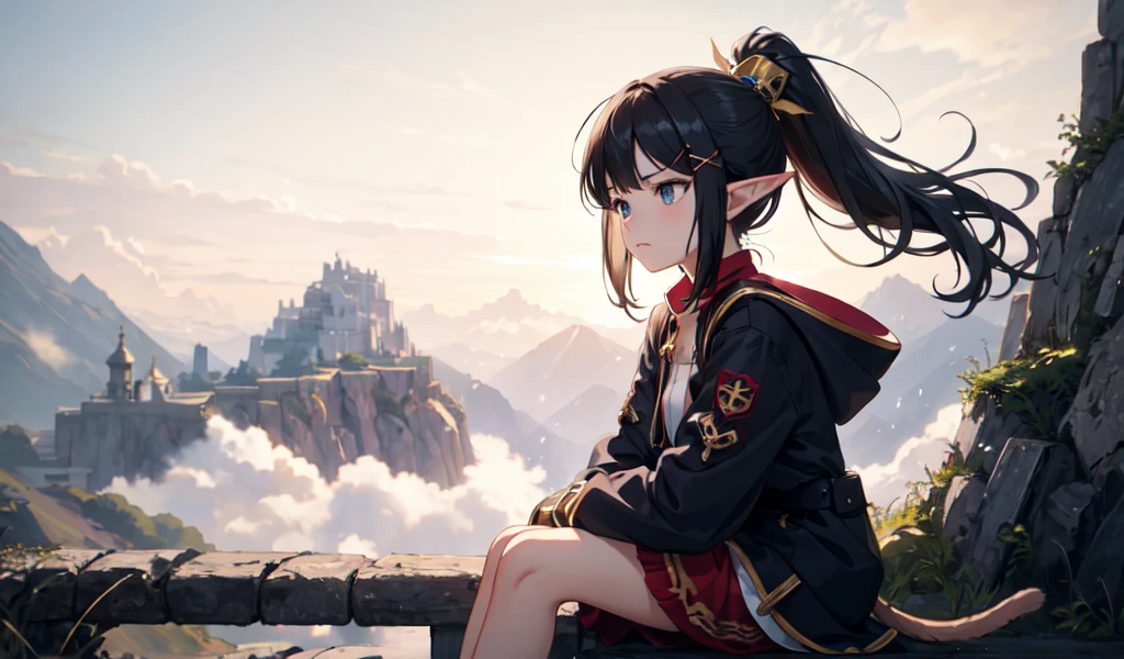 ((Highest quality)), ((masterpiece)), (detailed), A beautiful elf girl,Look to the side, Looking into the distance,  Sit on your knees, Black Hair, ponytail, Floating Hair, Expressive hair, Hair Clip, x Hair accessories, Cat hair accessories, Hollow Eyes, Frowning, sad,, anime, anime style, anime style, 4K