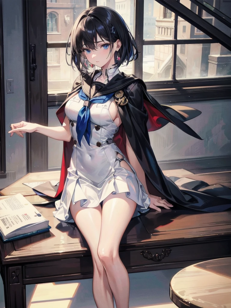 absurdres, RAW photo, extremely delicate and beautiful, masterpiece, Best Quality, ultra high resolution, 32k, hyperrealistic, ultra-detailed, perfect anatomy, anatomically correct, perfect figure, Perfect Style, Perfect balance, super Detailed skin, in her 20s, very Slim body, narrow waist, very small head, very small face, delicate facial features, detailed face, detailed eyes, tearful mole, earring, very huge round breasts, whole body shot, whole legs, medium hair, asymmetrical hair, indoor, (school_uniform:1.2), cape,