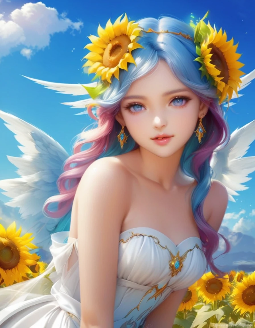 Close-up of a woman with blue hair and sunflowers, Beautiful angel, of an beautiful Angel Girl, Beautiful sunflower anime girl, Beautiful woman angel, of Beautiful angel, Beautiful fairy, beautiful Angel Girl portrait, portrait of a Beautiful angel, Angel Girl, Fantasy Beautiful, Beautiful fairyたち, Beautiful gorgeous digital art, Beautiful fantasy art portraits, Young One Angel, Beautiful digital art