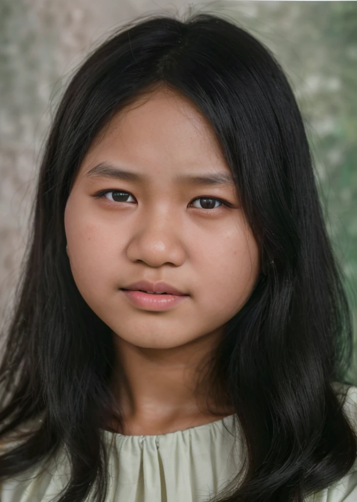 color photo, close up. A young Indonesian girl aged 12 years, black hair, wearing a white dress. studio photo dark green background, 8k, ultra HD