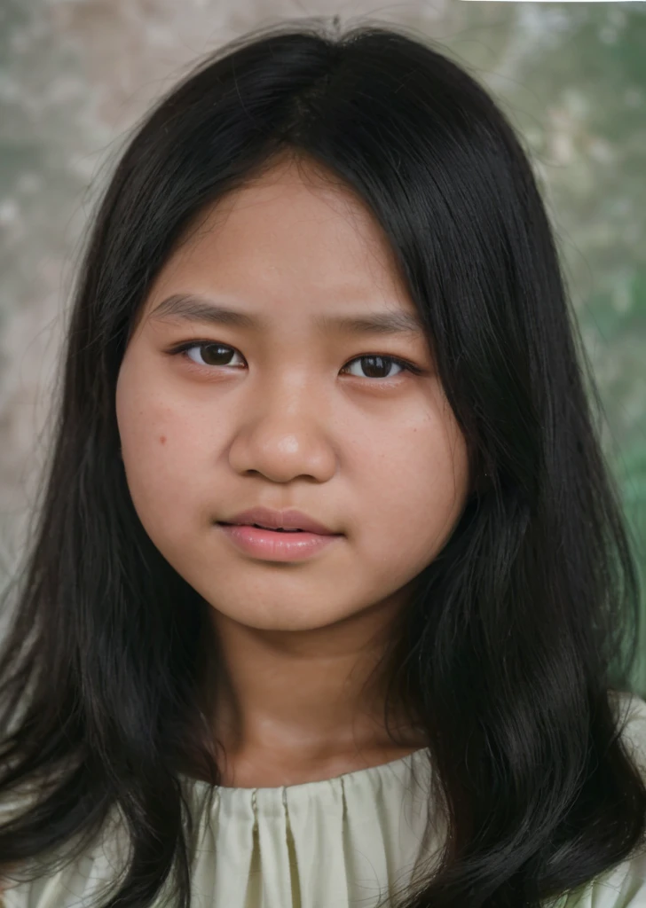 color photo, close up. A young Indonesian girl aged 12 years, black hair, wearing a white dress. studio photo dark green background, 8k, ultra HD