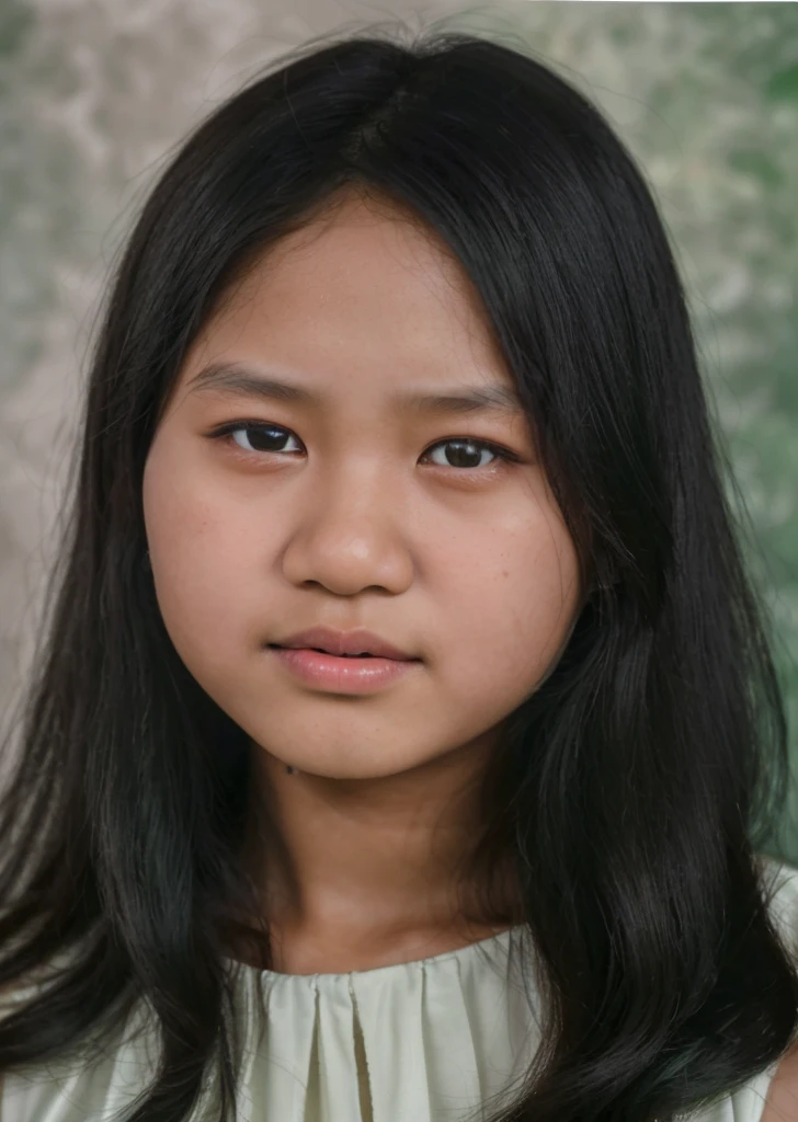color photo, close up. A young Indonesian girl aged 12 years, black hair, wearing a white dress. studio photo dark green background, 8k, ultra HD