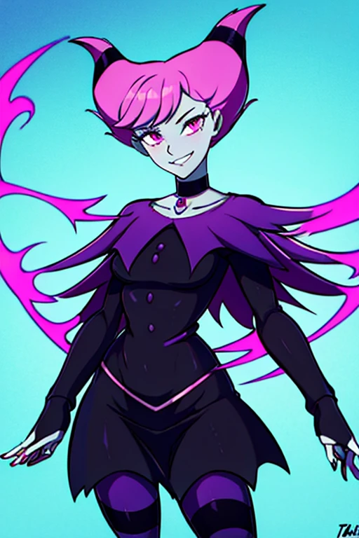 ((masterpiece,best quality)), absurdres, Jinx_TeenTitans,   1girl, solo, pink eyes, pink hair, grey skin, hair up, pale skin, medium hair, hair horns, choker, striped pantyhose, capel, cape, black dress, jewelry,  solo, smiling, looking at viewer, cowboy shot,