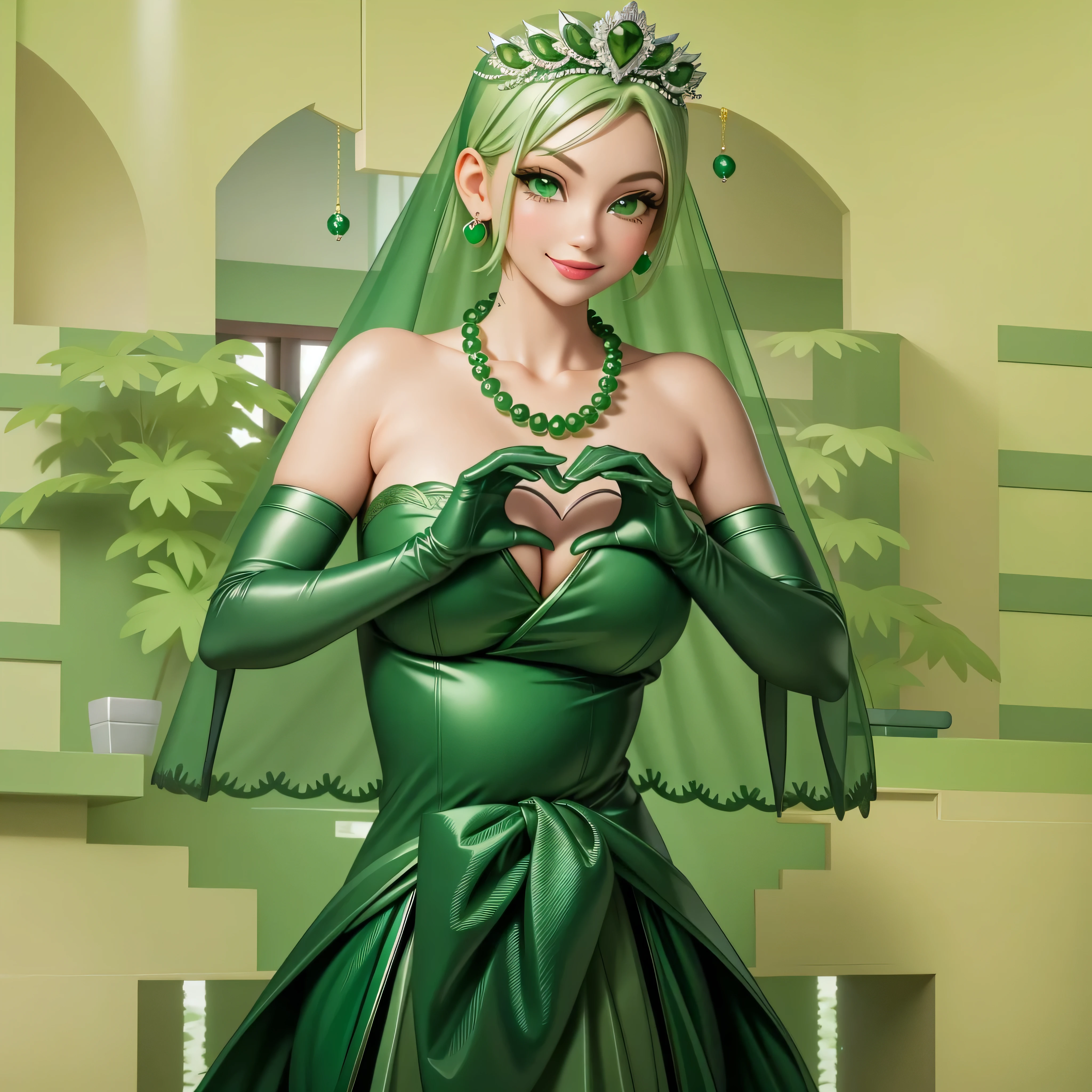Emerald tiara, Green Pearl Necklace, Boyish very short green hair, Green Lips, Smiling Japanese woman, Very short hair, Busty beautiful lady, Green Eyes, Green satin long gloves, Green Eyes, Emerald Earrings, Green veil, Heart with both hands, Green Hair, Beautiful Japanese Women, Heart shaped hands:1.3, green lip gloss, pregnant