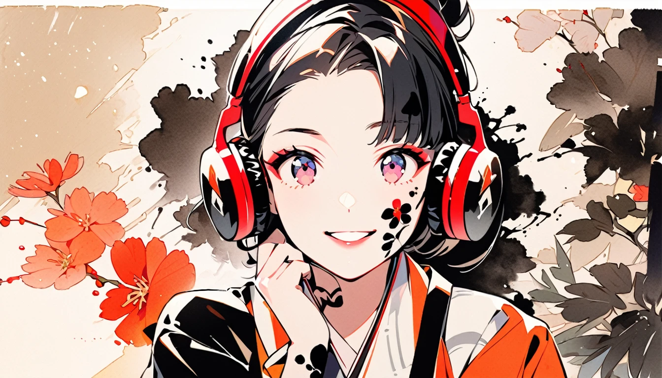 Fashion portrait color photos, (((Ink Painting))), (((1 girl))), (((Tattoo on face))), (((Gorgeous kimono))), Japanese style headphones, Peace sign next to my face, Japanese beautiful girl, smile
