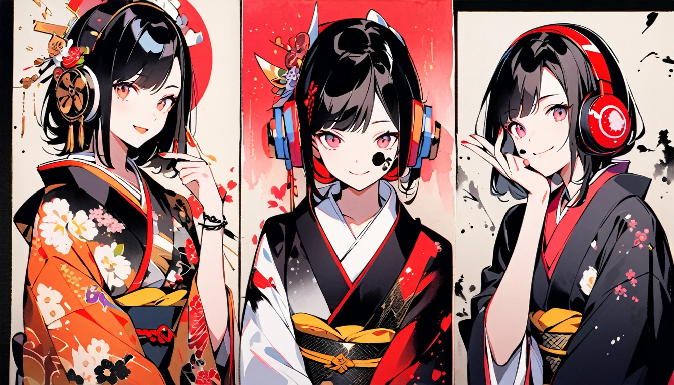 Fashion portrait color photos, (((Ink Painting))), (((1 girl))), (((Tattoo on face))), (((Gorgeous kimono))), Japanese style headphones, Peace sign next to my face, Japanese beautiful girl, smile