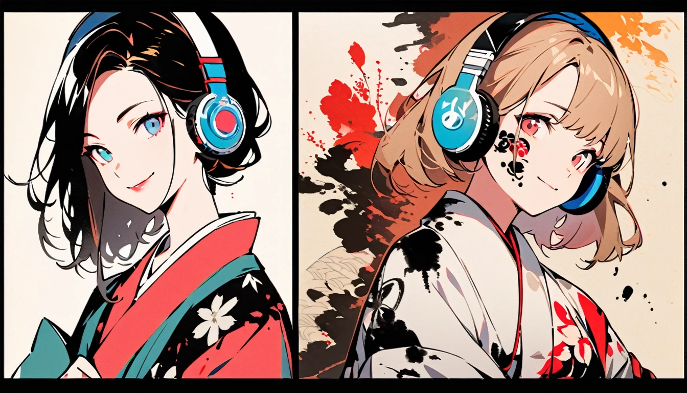 Fashion portrait color photos, (((Ink Painting))), (((1 girl))), (((Tattoo on face))), (((Gorgeous kimono))), Japanese style headphones, Peace sign next to my face, Japanese beautiful girl, smile