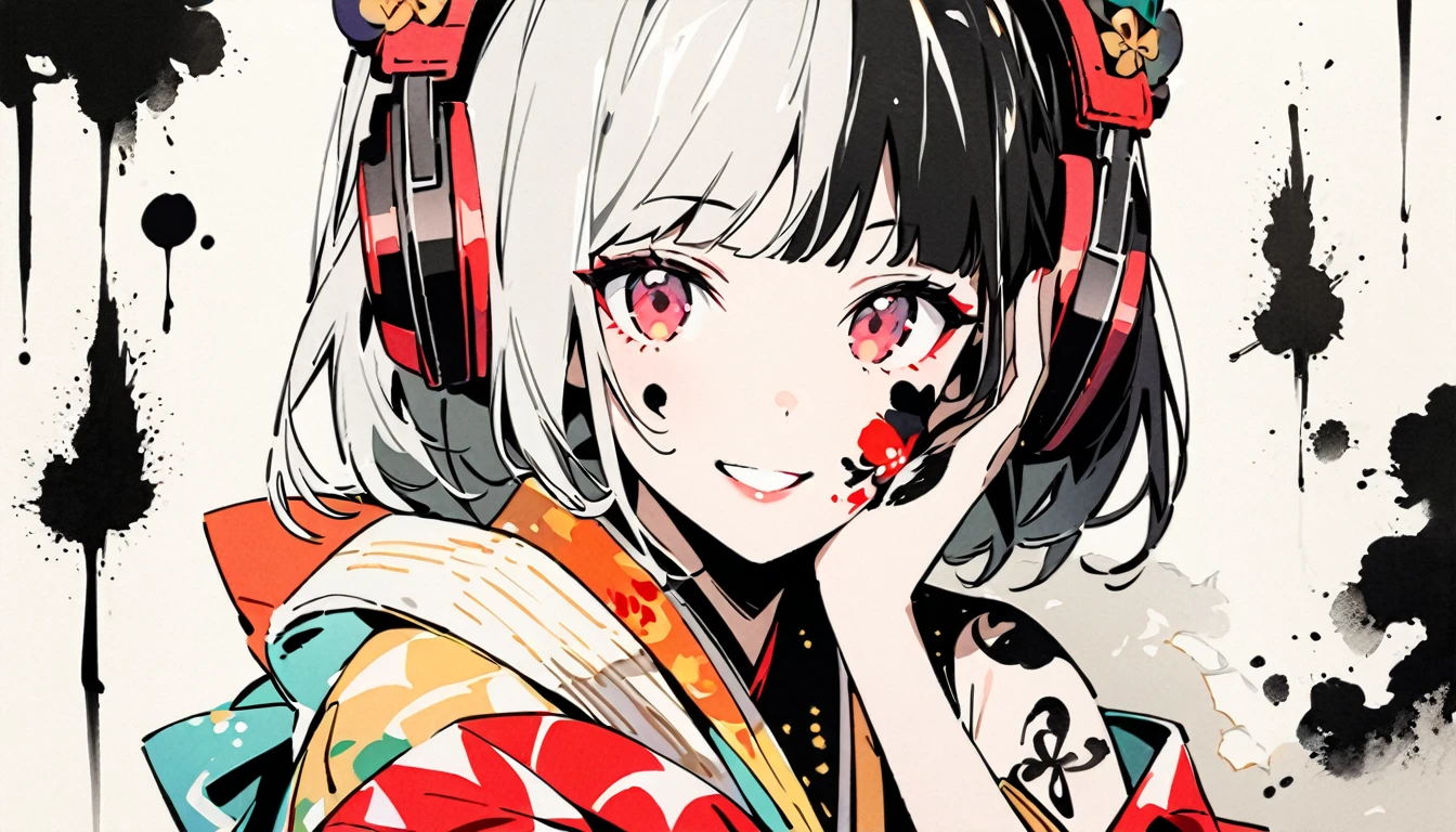 Fashion portrait color photos, (((Ink Painting))), (((1 girl))), (((Tattoo on face))), (((Gorgeous kimono))), Japanese style headphones, face close-up, Japanese beautiful girl, smile