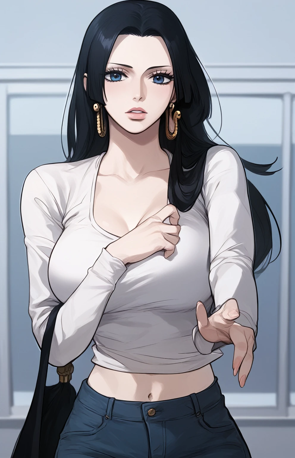 masterpiece,best quality,boa_hancock,long hair, black hair, earrings, large breasts, 