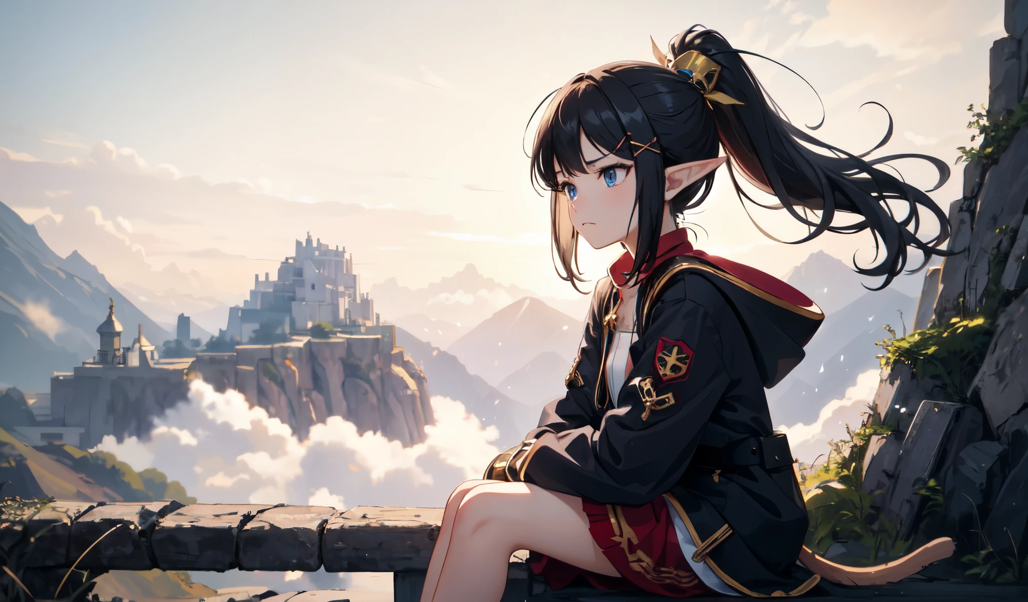 ((Highest quality)), ((masterpiece)), (detailed), A beautiful elf girl,Look to the side, Looking into the distance,  Sit on your knees, Black Hair, ponytail, Floating Hair, Expressive hair, Hair Clip, x Hair accessories, Cat hair accessories, Hollow Eyes, Frowning, sad,, anime, anime style, anime style, 4K